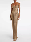 Gold Metallic Pleated Corset Maxi Dress, full-length front view showing the structured corset bodice, hook-and-eye front closure, and pleated lamé skirt, styled with a beaded gold clutch.
