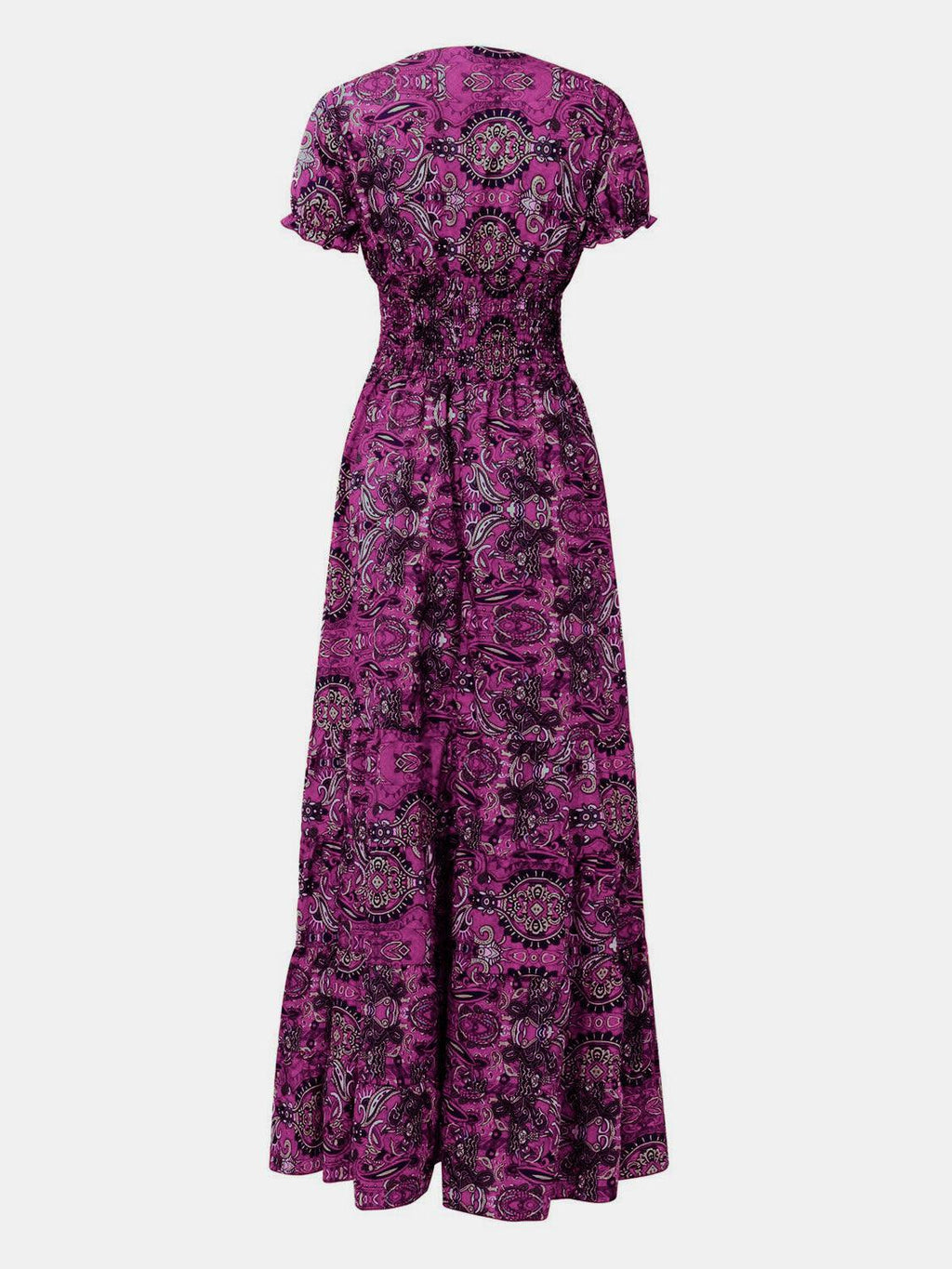 Gray paisley boho smocked maxi dress, side view showing the smocked elastic bodice and gathered tiered skirt.