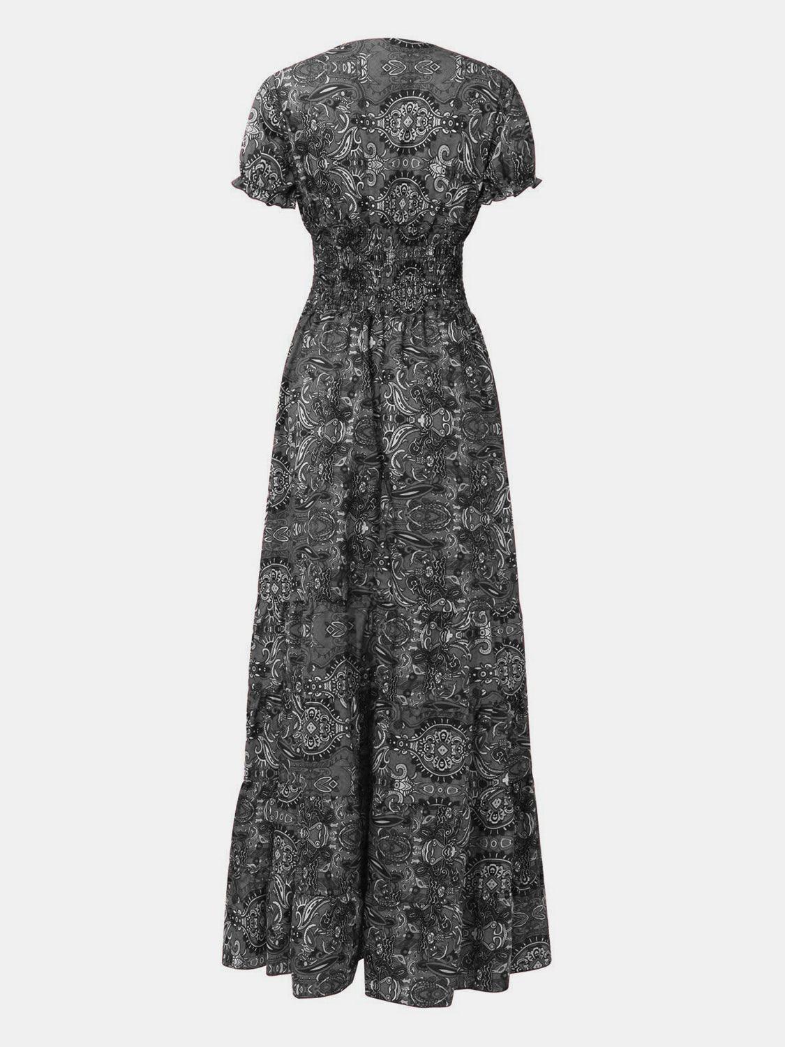 Gray paisley smocked V-neck maxi dress, full-length styled view.
