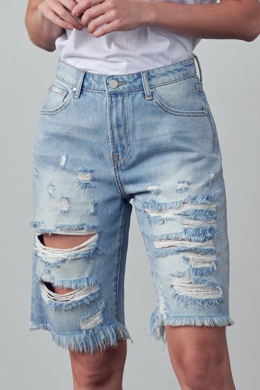 High Rise Ripped Bermuda Denim Shorts.