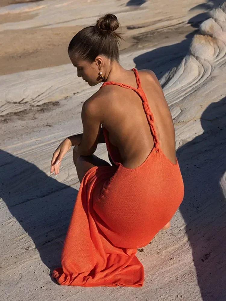 Knitted Orange Backless Slit Beach Maxi Dress.