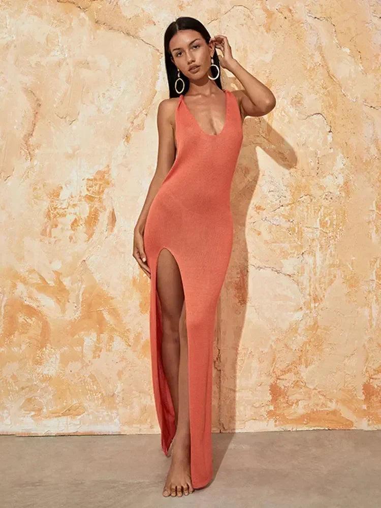 Knitted Orange Backless Slit Beach Maxi Dress.
