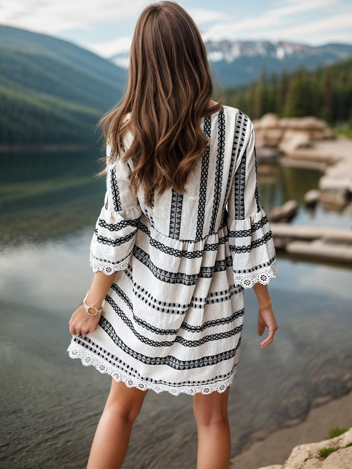 Lace Detail Printed Three-Quarter Sleeve Dress - SHANKARA CHÉRIE