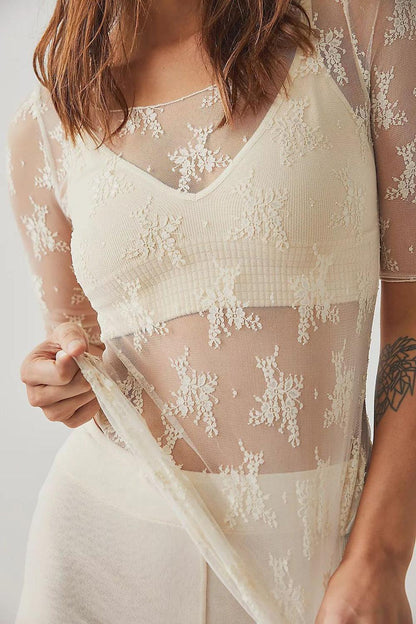 Lace Round Neck Half Sleeve Sheer Blouse - SHANKARA CHÉRIE