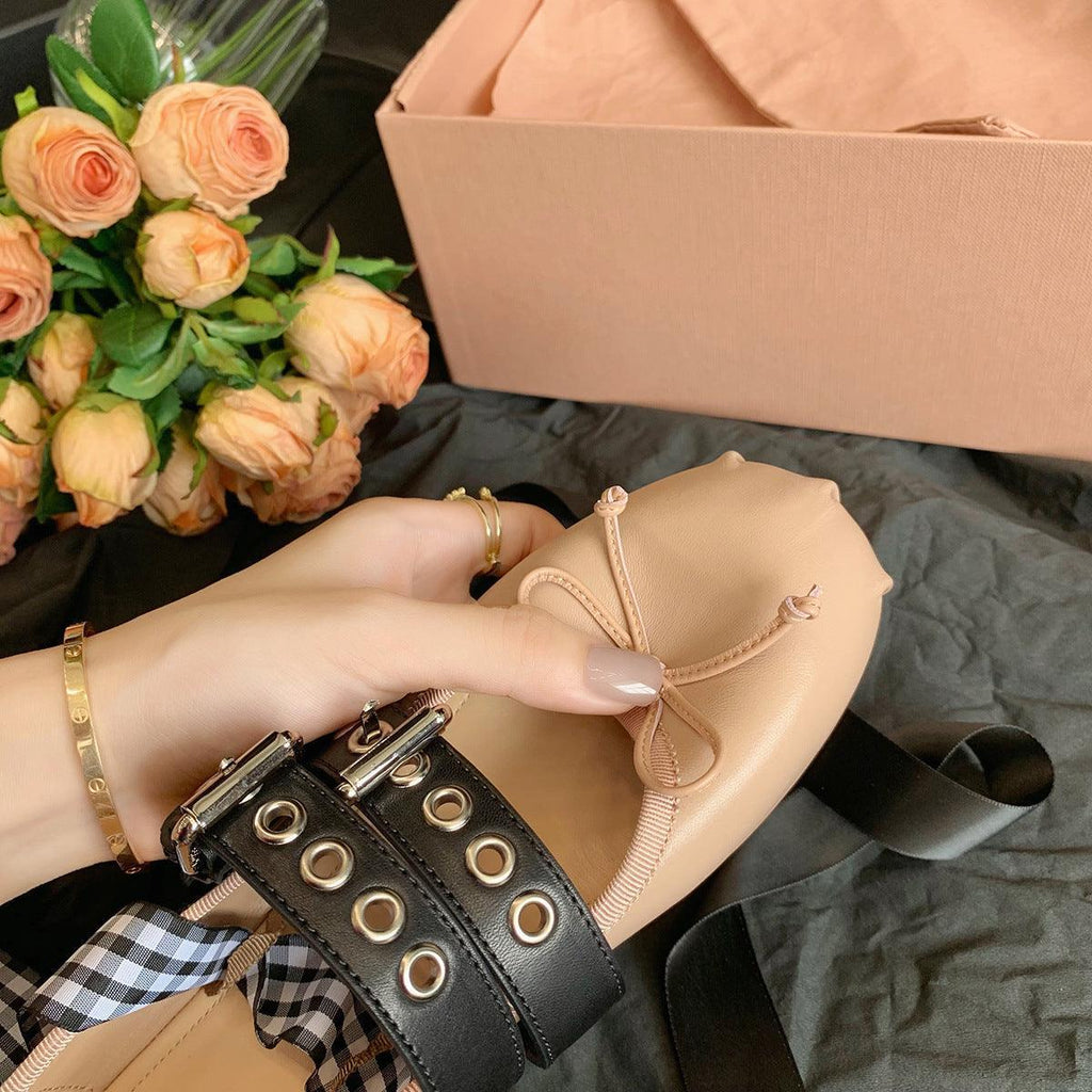 Punk Ballerina Flats – Genuine Cowhide Leather with Buckle Straps.