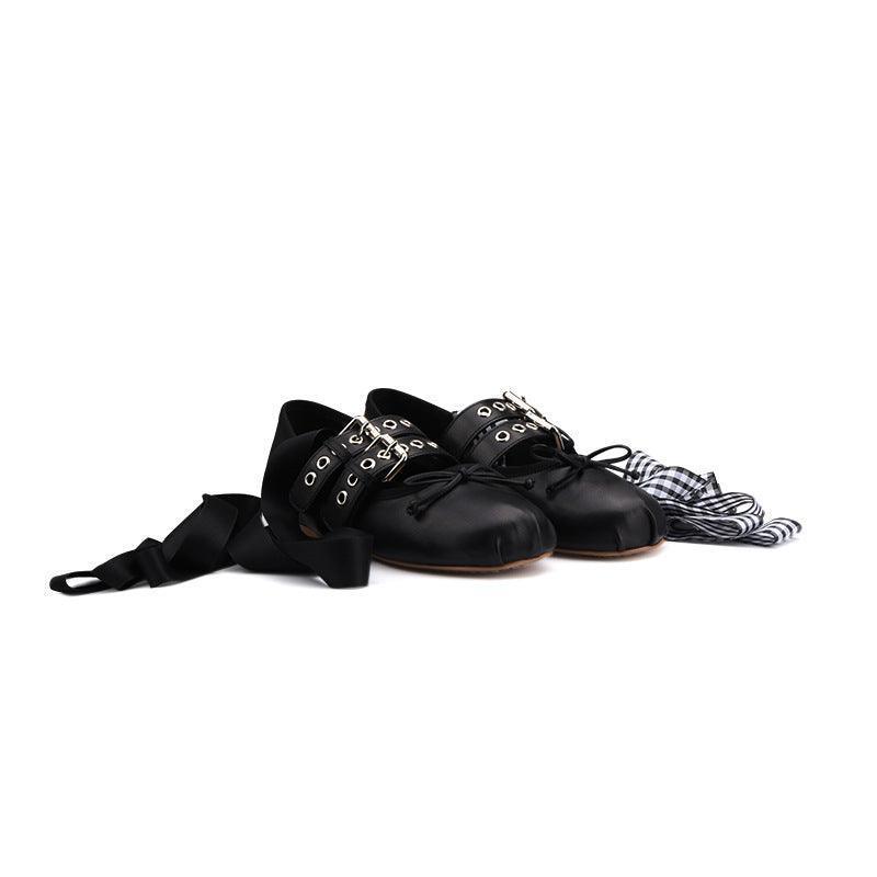 Punk Ballerina Flats – Genuine Cowhide Leather with Buckle Straps.