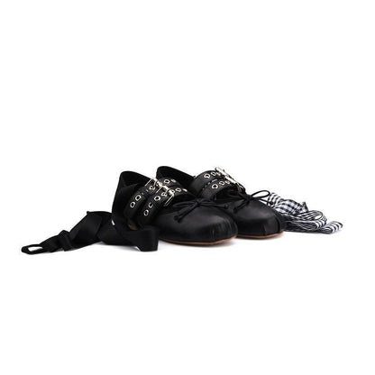 Leather Buckle Bow Round Toe Lace-up Ballet Flats - SHANKARA CHÉRIE