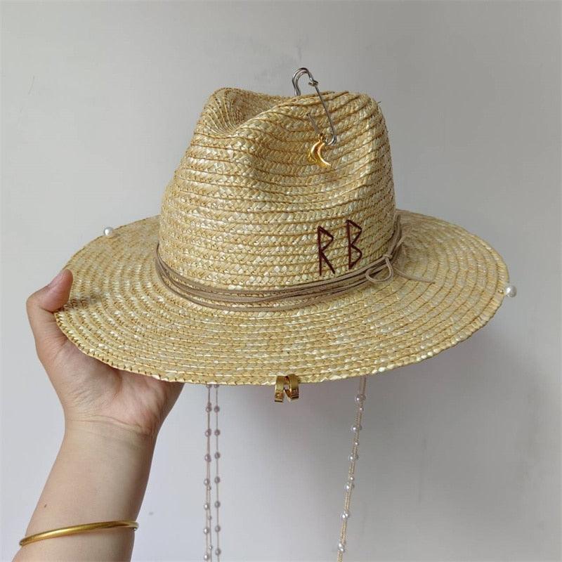 Punk Chain Straw Hat Pearl Chain DIY Jazz cap Sun Hat New Korean Letter Hat Beach Hat Men's and Women's Punk Hat Candy Color Sun - SHANKARA CHÉRIE