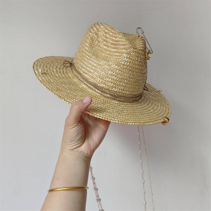 Punk Chain Straw Hat Pearl Chain DIY Jazz cap Sun Hat Letter Hat Beach Hat Men's and Women's Punk Hat Candy Color Sun - SHANKARA CHÉRIE