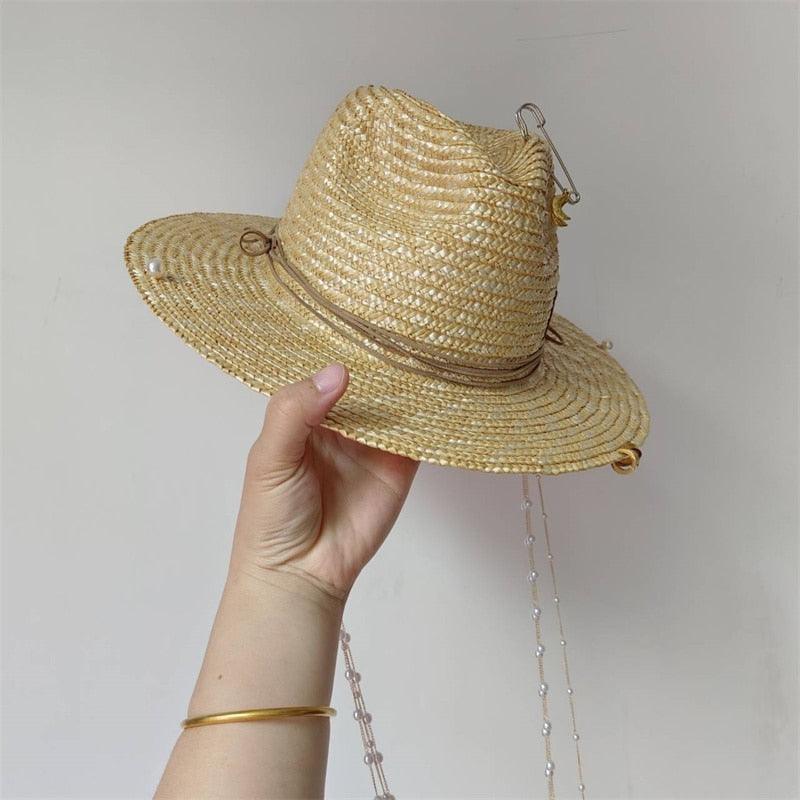Light Coffee Straw Punk Hat with Pearl Chain.
