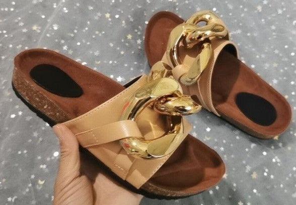 Metal Chain Open-Toe Flat-Bottom Slide on Mules