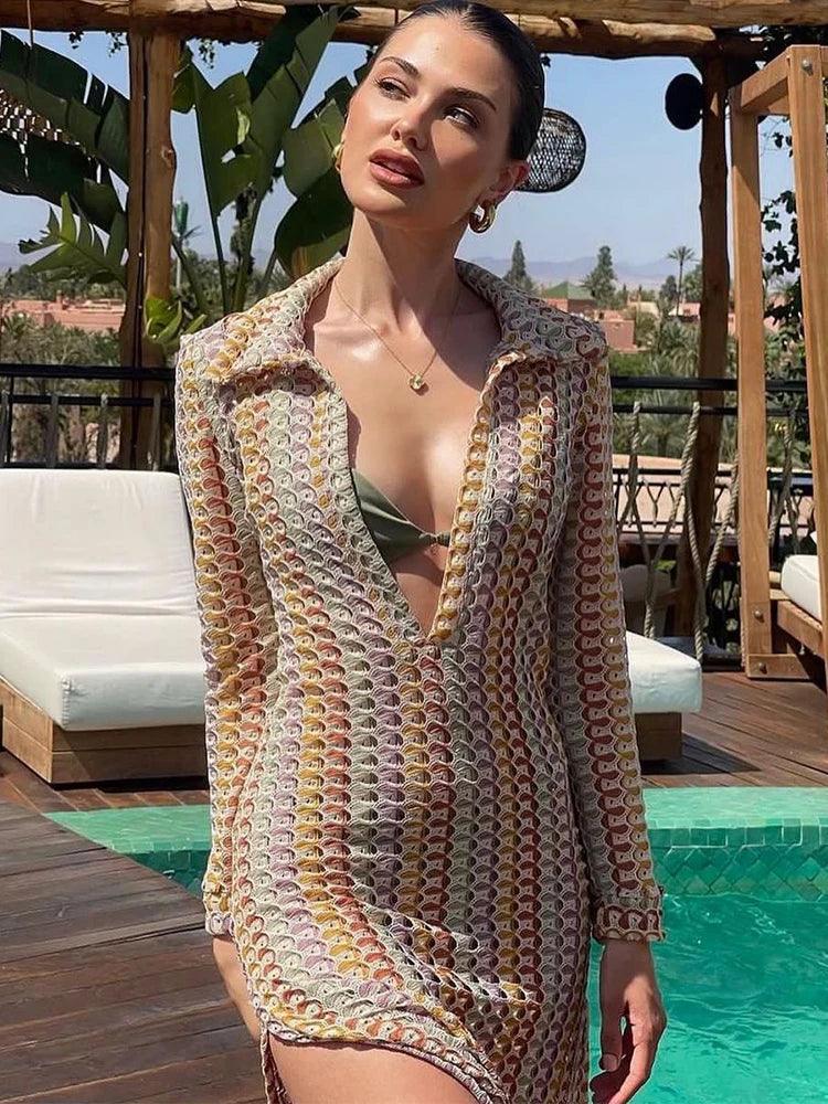 Multicolor crochet maxi dress, mid-body view showing the bobble-stitch texture and the V-neckline.