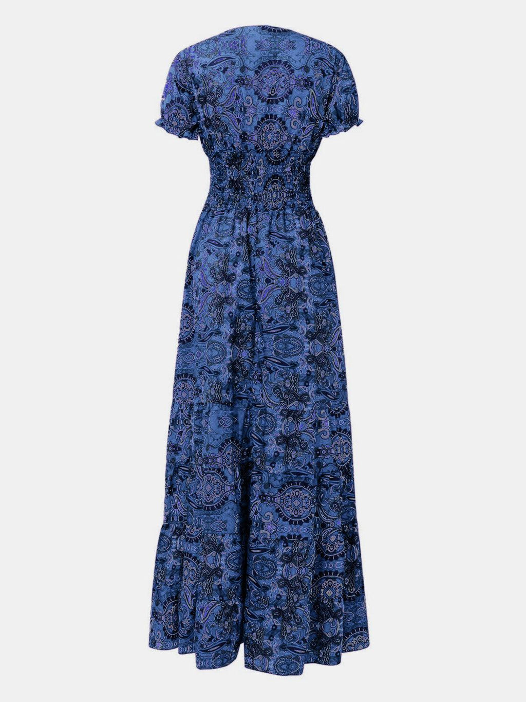 Olive paisley boho smocked maxi dress, mid-body view showing the smocked elastic bodice.