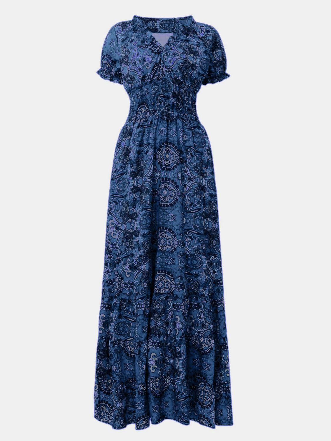 Olive paisley smocked V-neck short-sleeve maxi dress, front view showing the bohemian silhouette and tonal paisley print.