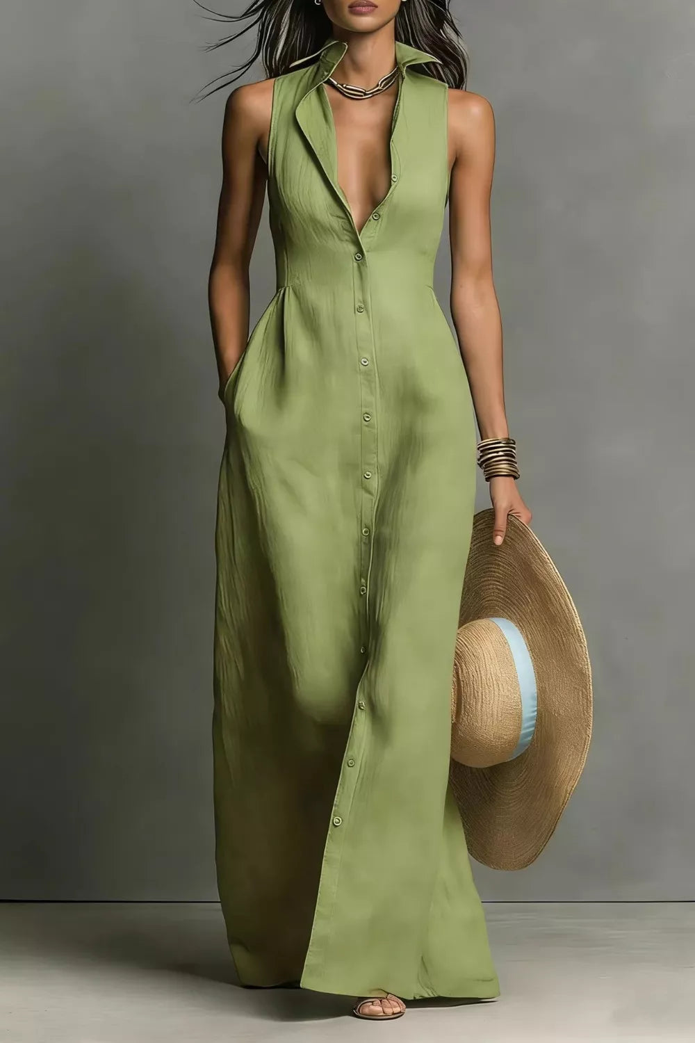 Olive sleeveless collared button-down maxi shirt dress, front view showing the pointed collar and floor-length skirt.
