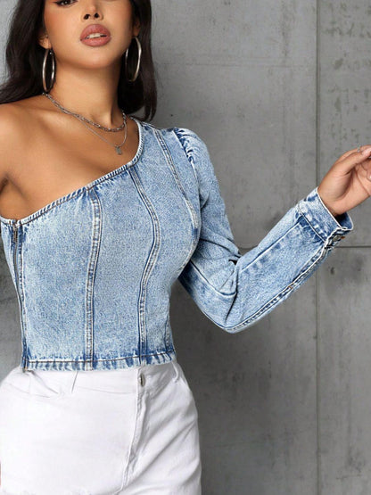 One Shoulder Long Sleeve Denim Top - SHANKARA CHÉRIE