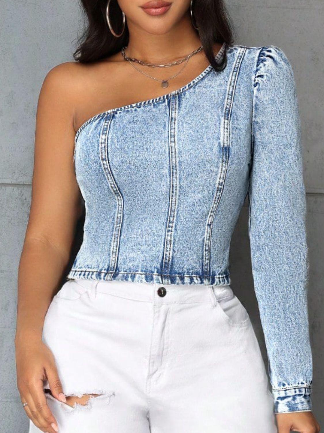 One Shoulder Long Sleeve Denim Top - SHANKARA CHÉRIE