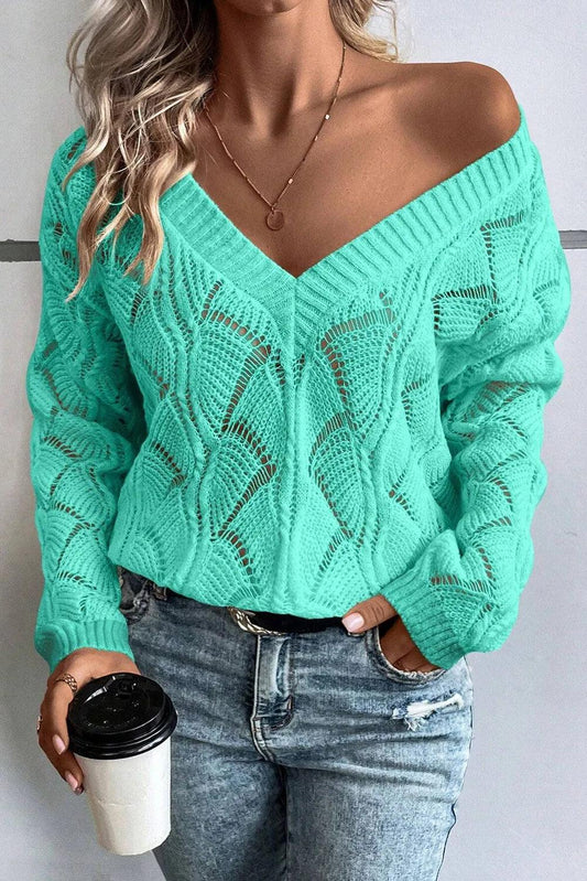 Openwork V-Neck Long Sleeve Sweater - SHANKARA CHÉRIE