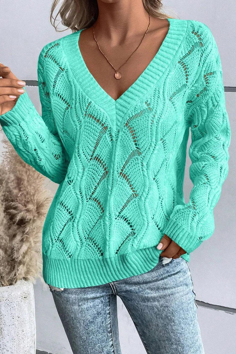 Openwork V-Neck Long Sleeve Sweater - SHANKARA CHÉRIE