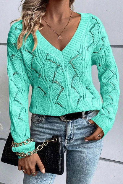 Openwork V-Neck Long Sleeve Sweater - SHANKARA CHÉRIE