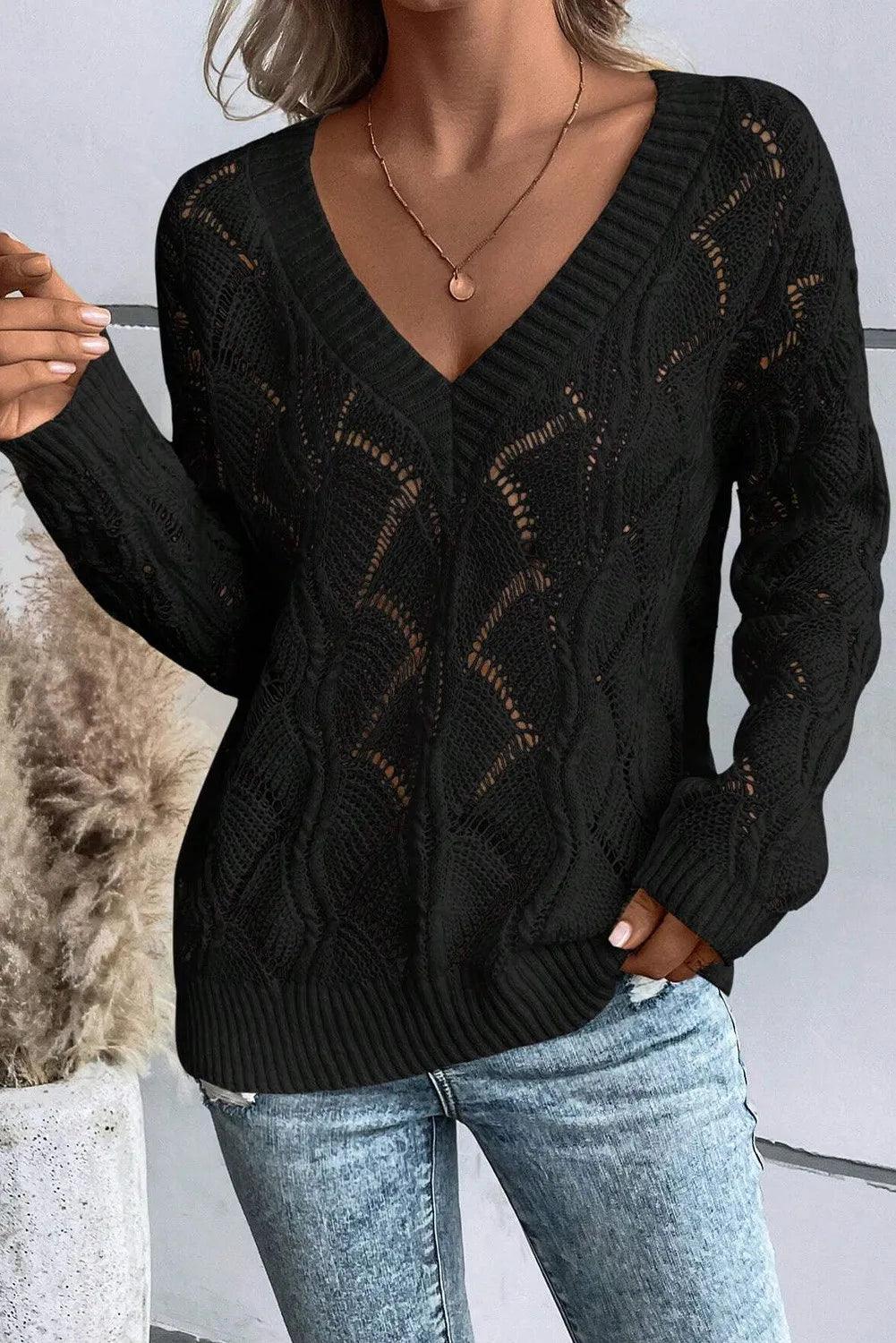 Openwork V-Neck Long Sleeve Sweater - SHANKARA CHÉRIE