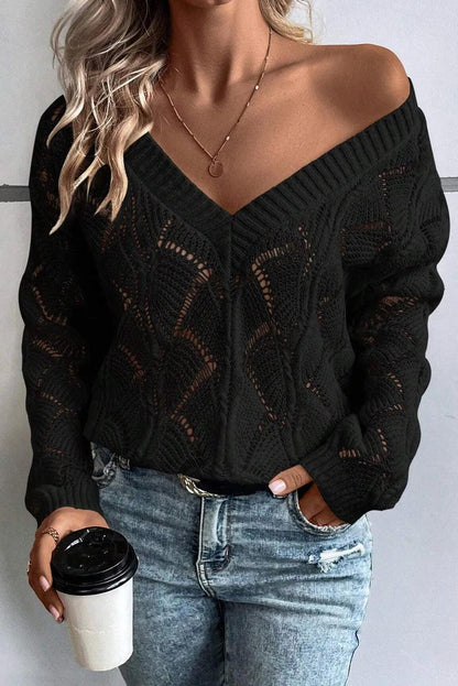 Openwork V-Neck Long Sleeve Sweater - SHANKARA CHÉRIE