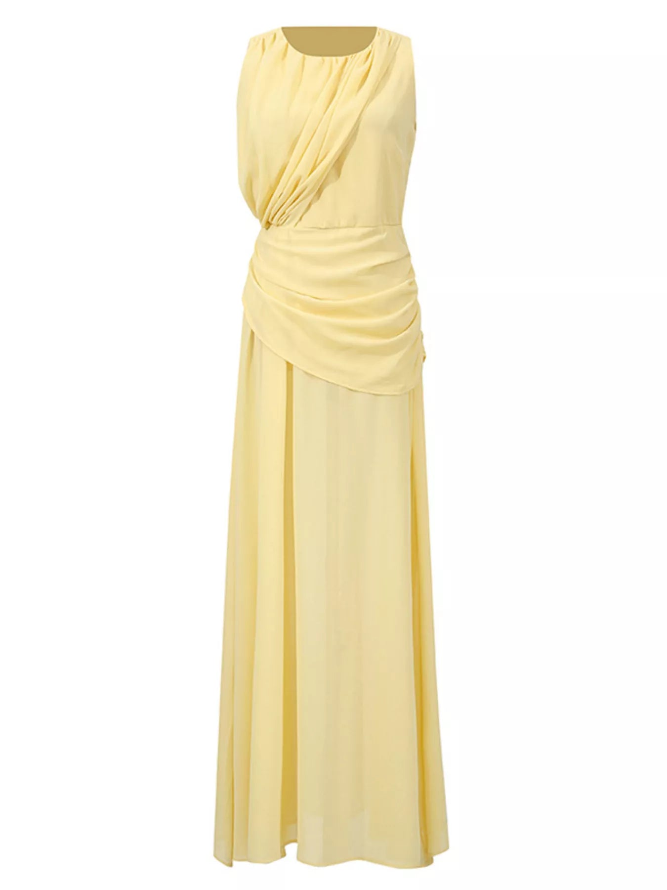 Studio view of the Pastel Yellow Sleeveless Ruched High-Slit Maxi Dress on a white background, showing the floor-length sweep and the asymmetric side ruching.