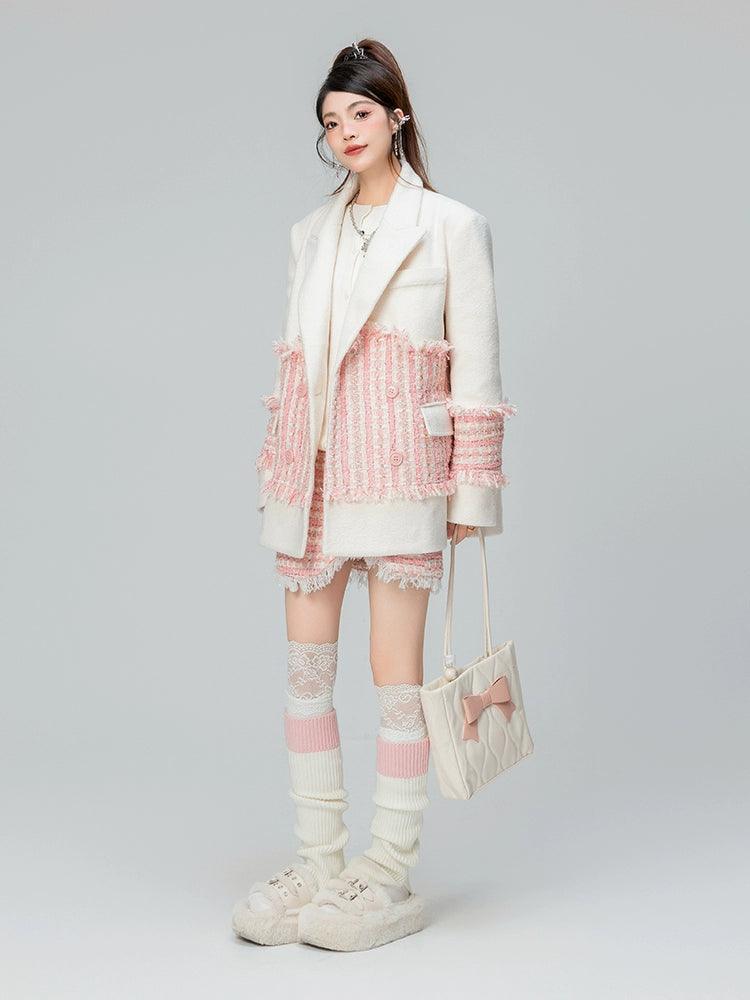 Patchwork Wool Long Coat Jacket.