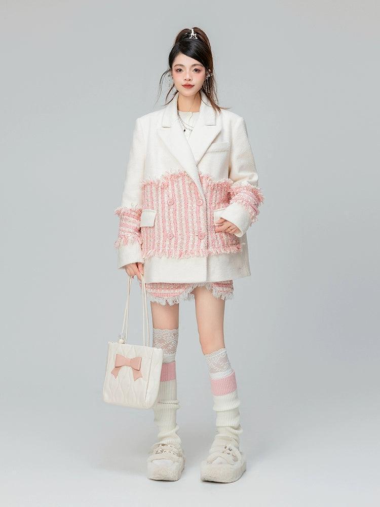 Patchwork Wool Long Coat Jacket.