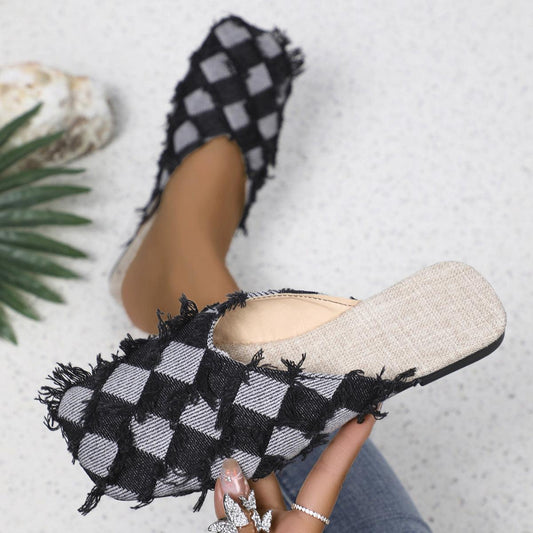 Plaid Square Toe Flat Slippers - SHANKARA CHÉRIE