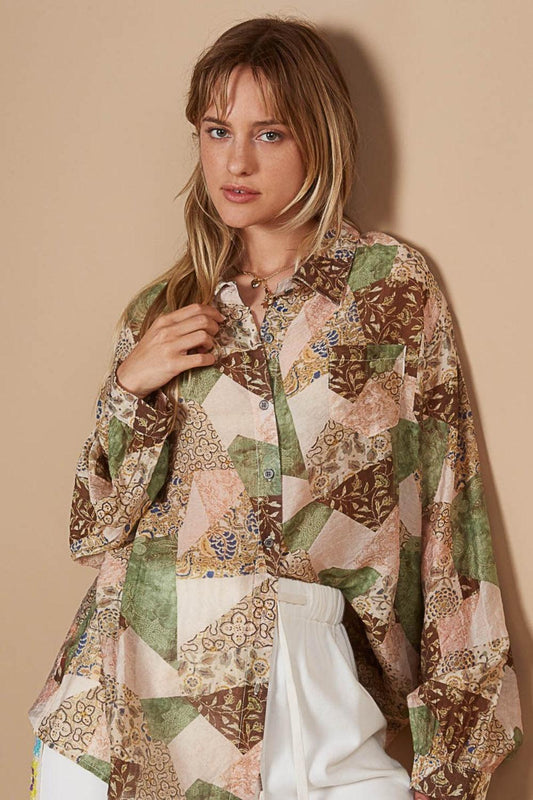 POL Button-Down Long Sleeve Printed Shirt - SHANKARA CHÉRIE