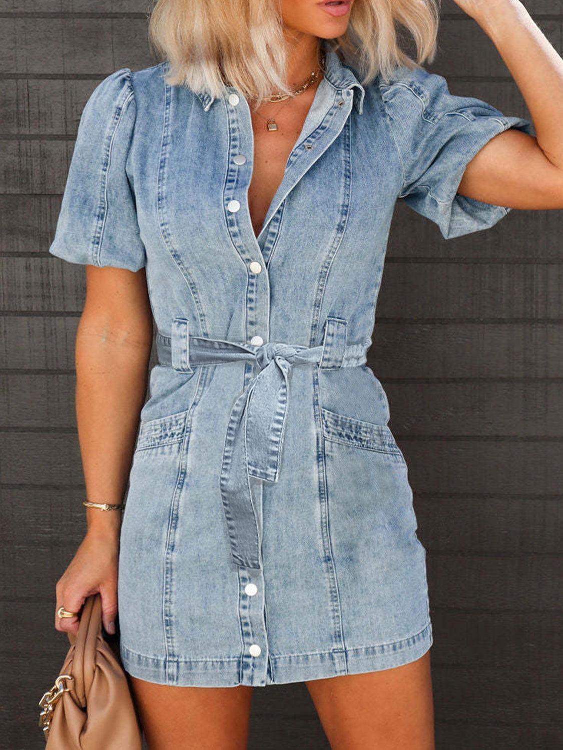 Puff Sleeve Button Up Mini Denim Dress - SHANKARA CHÉRIE