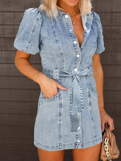 Puff Sleeve Button Up Mini Denim Dress - SHANKARA CHÉRIE