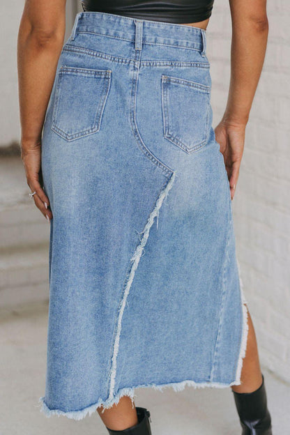 Raw Hem Slit Denim Skirt with Pockets - SHANKARA CHÉRIE