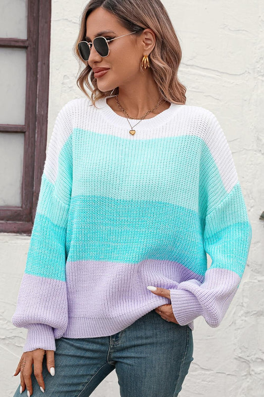 Round Neck Color Block Ribbed Pullover Sweater - SHANKARA CHÉRIE