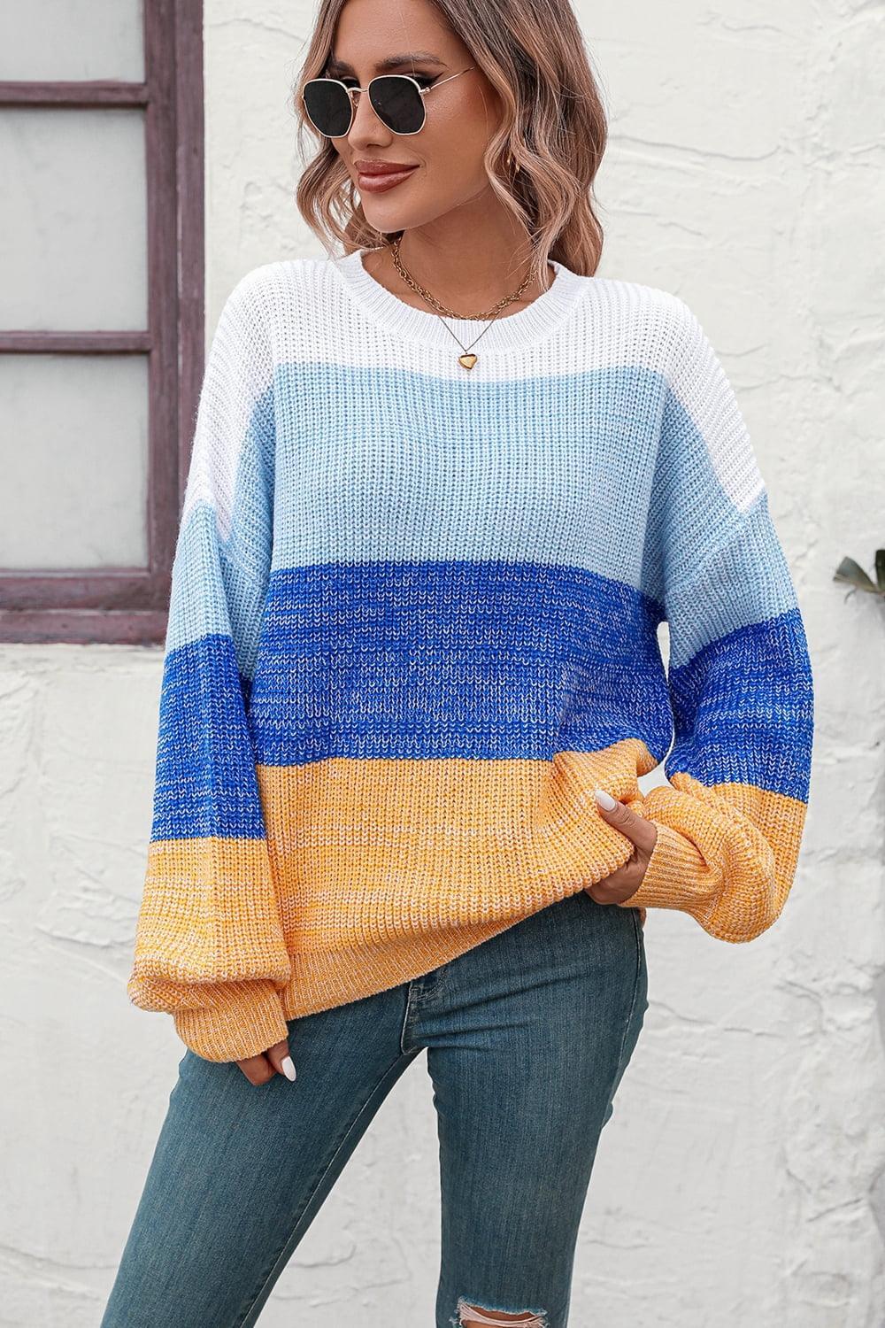 Round Neck Color Block Ribbed Pullover Sweater - SHANKARA CHÉRIE