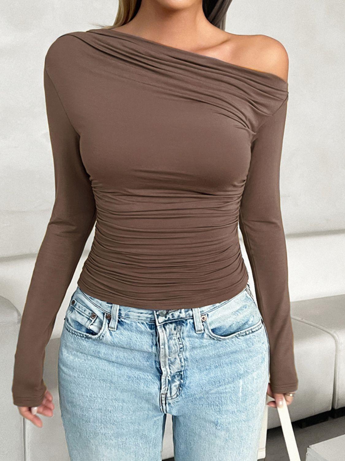 Ruched One Shoulder Long Sleeve T-Shirt - SHANKARA CHÉRIE