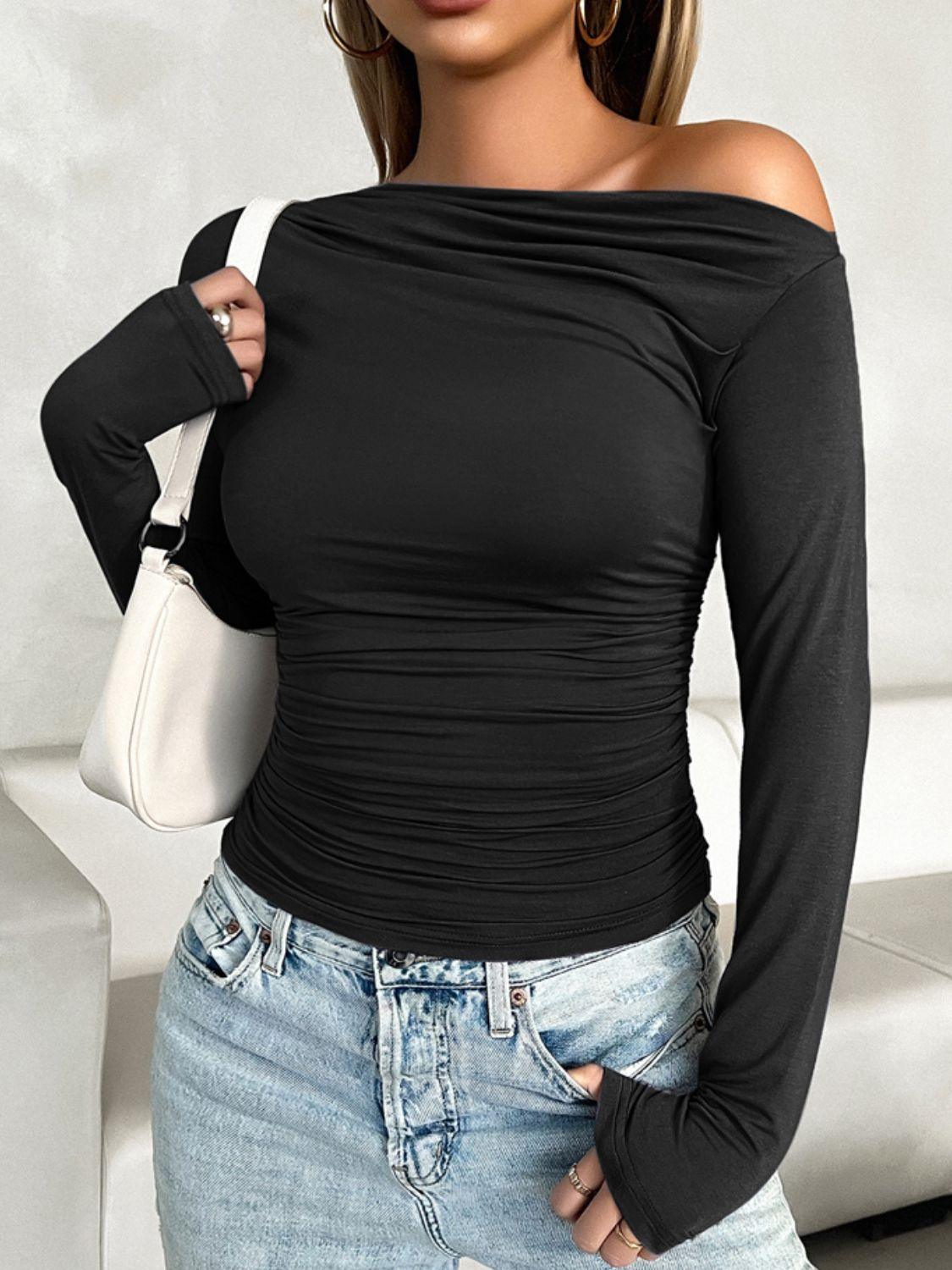 Ruched One Shoulder Long Sleeve T-Shirt - SHANKARA CHÉRIE