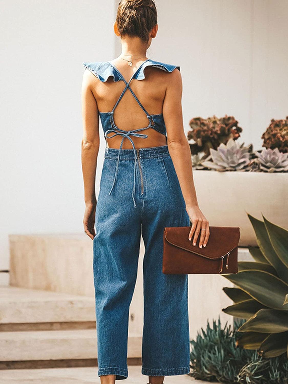 Ruffled Backless Sleeveless Denim Jumpsuit - SHANKARA CHÉRIE