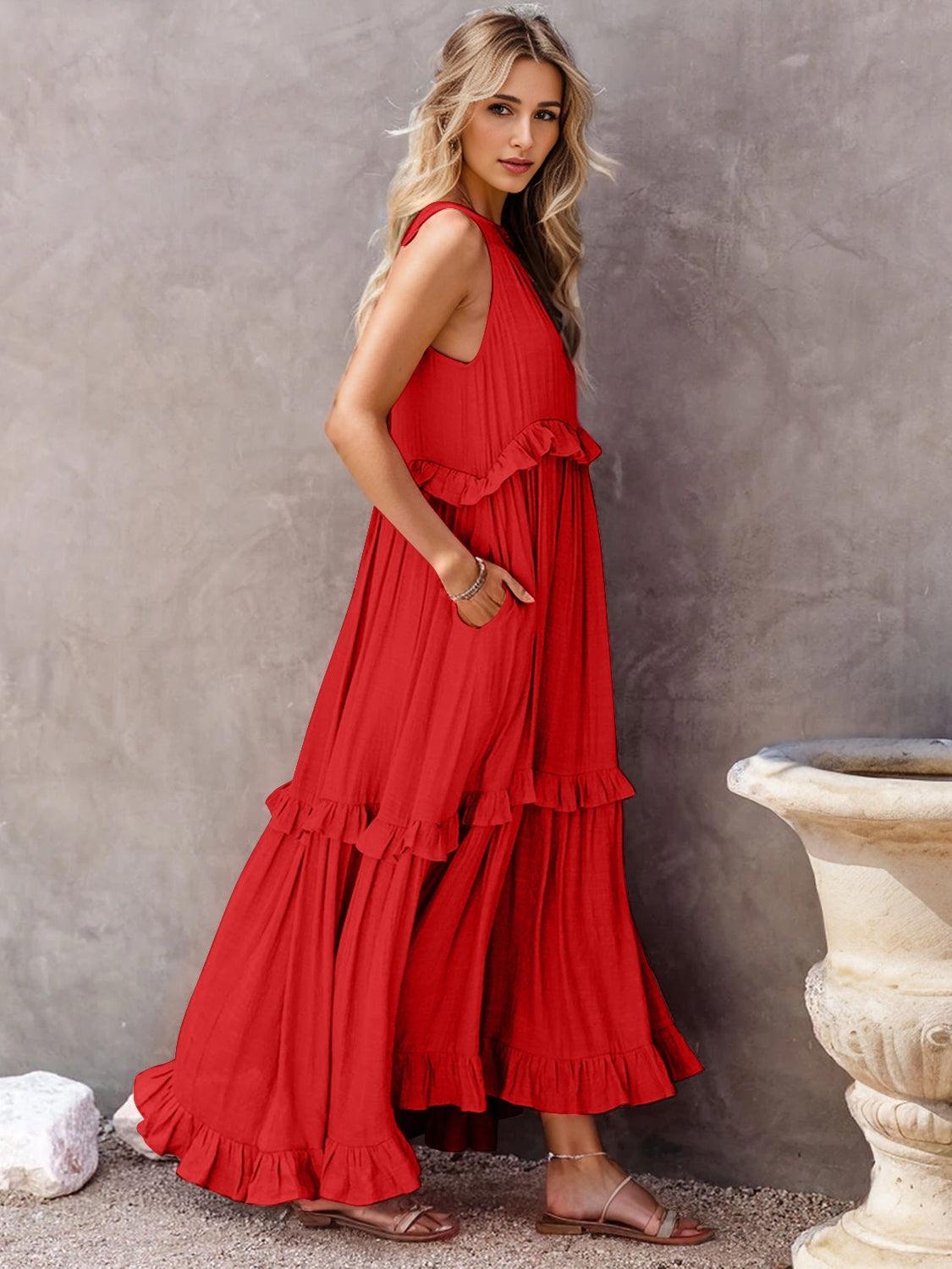 Ruffled Sleeveless Tiered Maxi Dress with Pockets - SHANKARA CHÉRIE