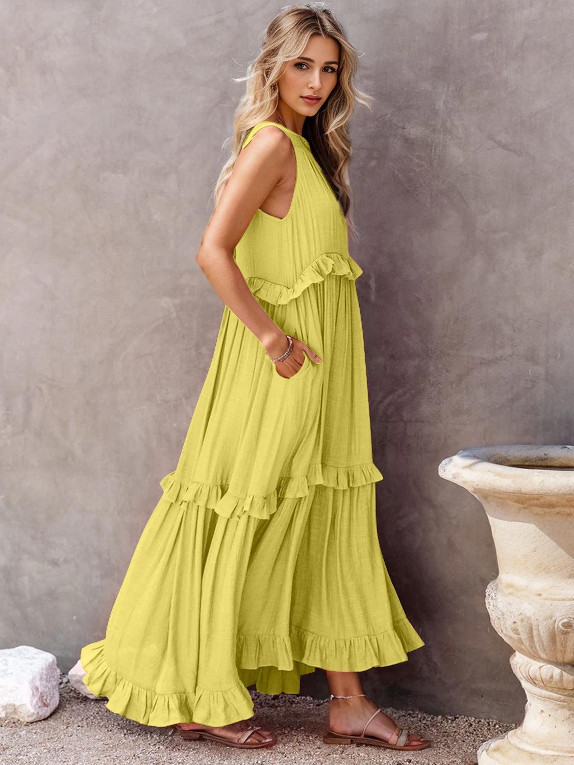 Ruffled Sleeveless Tiered Maxi Dress with Pockets - SHANKARA CHÉRIE