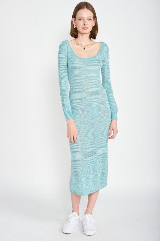 SCOOP NECK SWEATER MIDI DRESS.