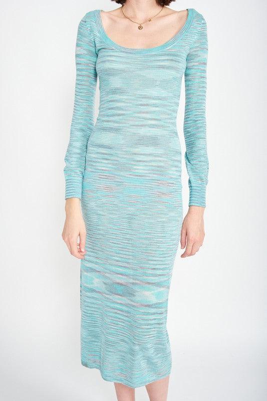SCOOP NECK SWEATER MIDI DRESS.