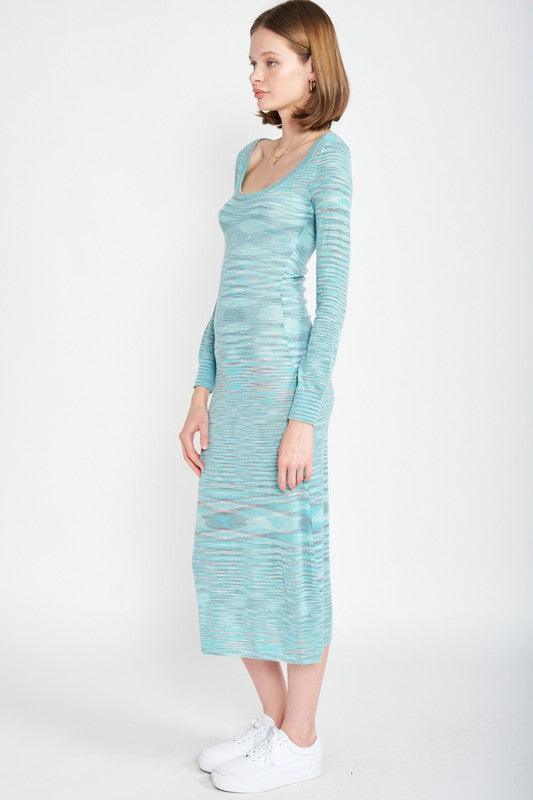 SCOOP NECK SWEATER MIDI DRESS.