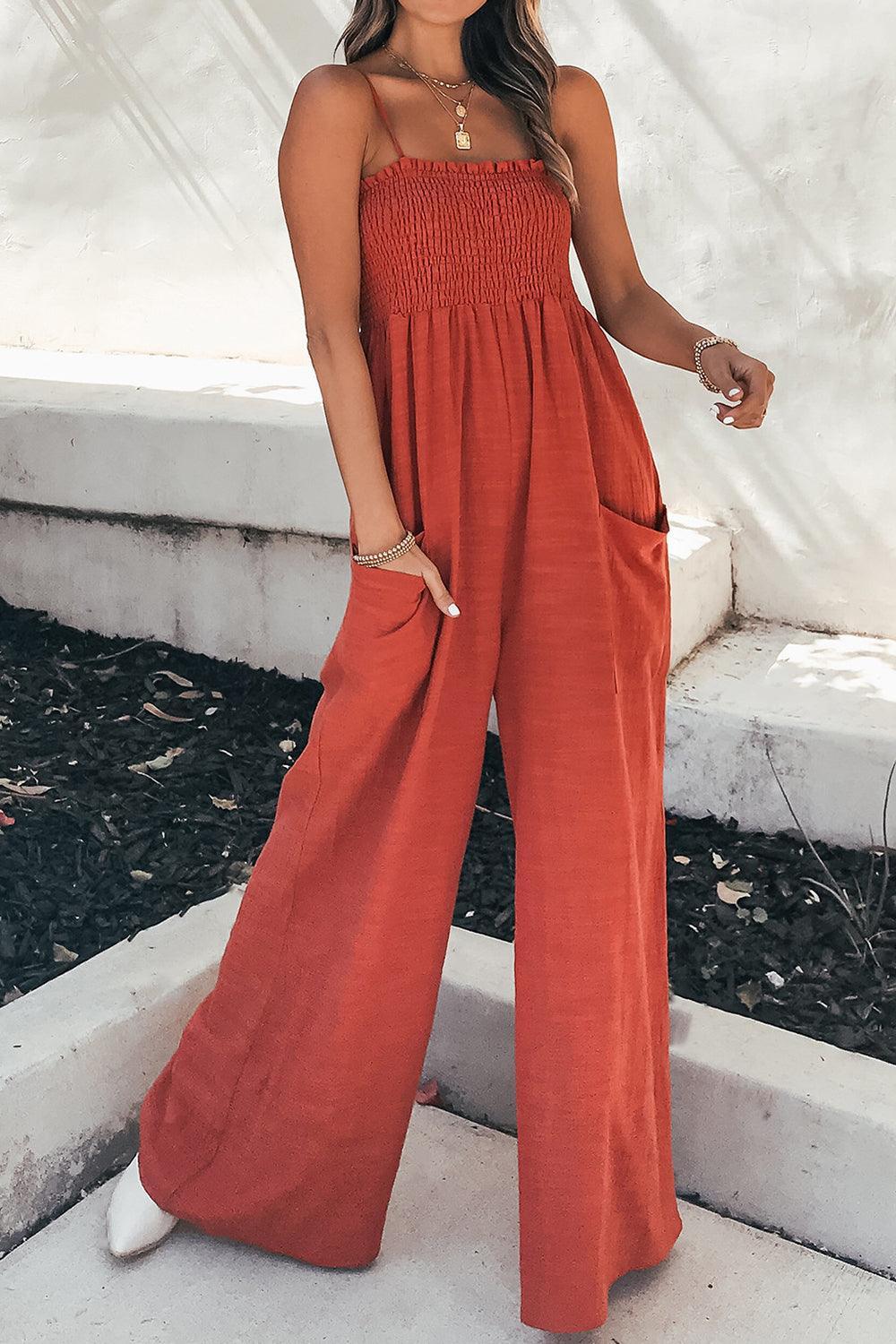 Smocked Spaghetti Strap Wide Leg Jumpsuit - SHANKARA CHÉRIE