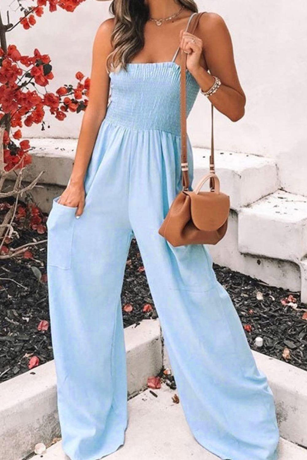 Smocked Spaghetti Strap Wide Leg Jumpsuit - SHANKARA CHÉRIE