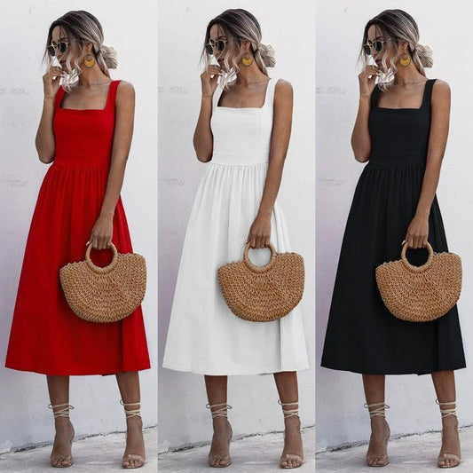 Square Neck Sleeveless Smocked Midi Dress.