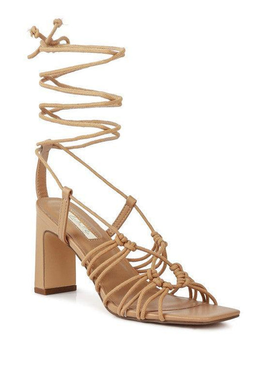 STRINGS ATTACH BRAIDED TIE UP BLOCK HEELED SANDAL.