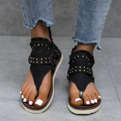 Studded Raw Hem Flat Sandals - SHANKARA CHÉRIE