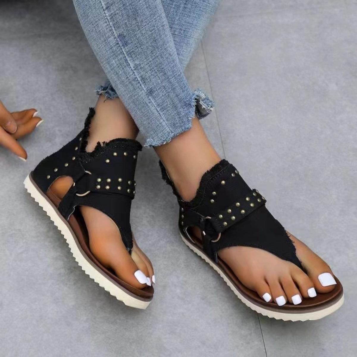 Studded Raw Hem Flat Sandals - SHANKARA CHÉRIE